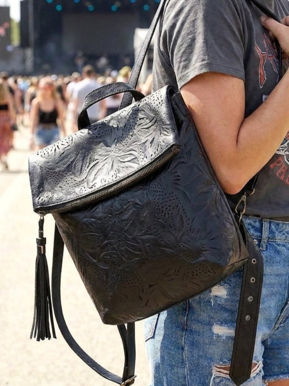 Patricia Nash Black Laser Floral Lucille Convertible Crossbody Backpack NWT